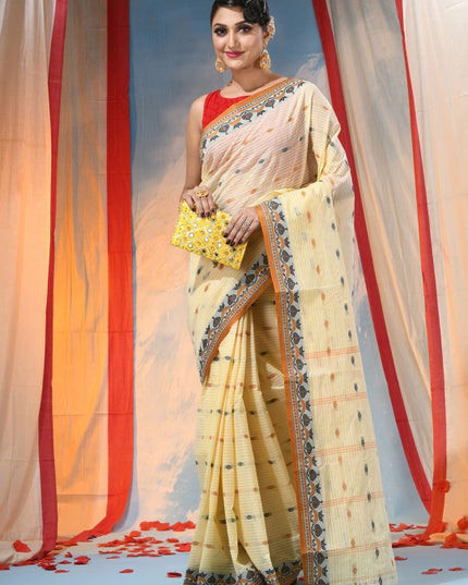 DESH BIDESH Beige Ethnic Motifs Pure Cotton Saree for Women with Woven Design