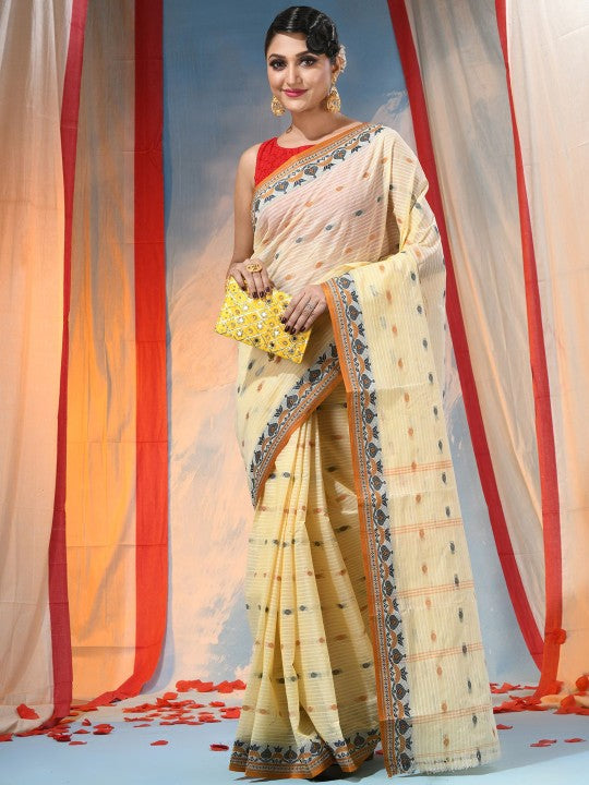 DESH BIDESH Beige Ethnic Motifs Pure Cotton Saree for Women with Woven Design