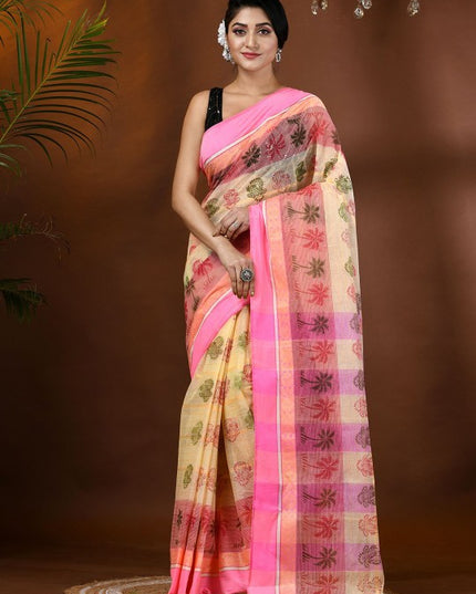 DESH BIDESH Floral Printed Pure Cotton Block Print Saree with Woven Design Border
