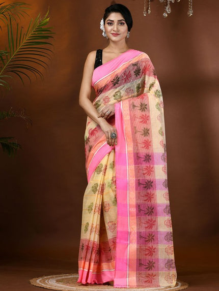 DESH BIDESH Floral Printed Pure Cotton Block Print Saree with Woven Design Border