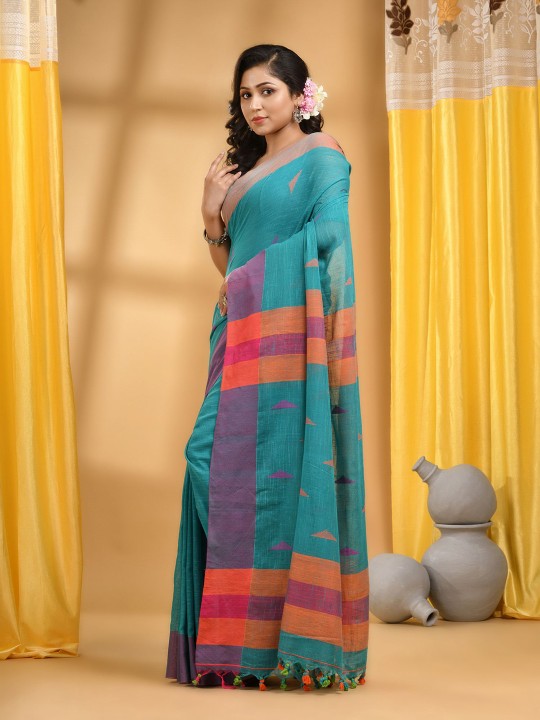 DESH BIDESH Woven Design Cotton Taant Saree With Unstitched Blouse Piece