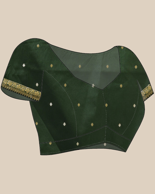 DESH BIDESH Dark Green Kanjivaram silk blend saree with silver zari butti blouse layout.