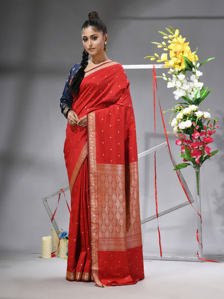 Jacquard Banarasi Kanjivaram Kanchipuram Silk Blend Silver Zari Butti Woven Saree With Blouse Piece - Red