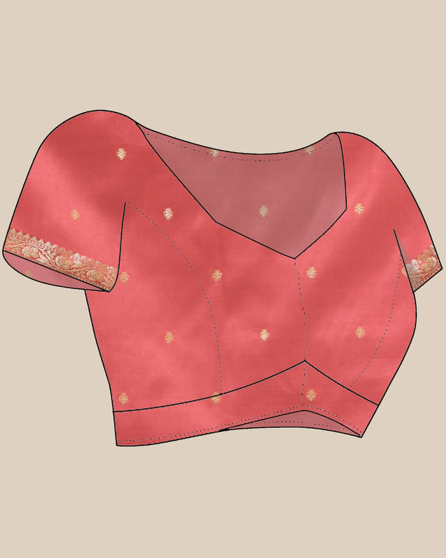 Close-up of the blouse piece design on DESH BIDESH salmon silk saree.
