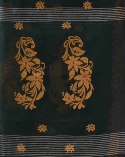 Women Cotton Handloom Tant Midnight Flora Design Saree – Dark Green