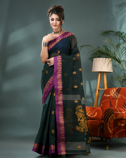 Women Cotton Handloom Tant Midnight Flora Design Saree – Dark Green