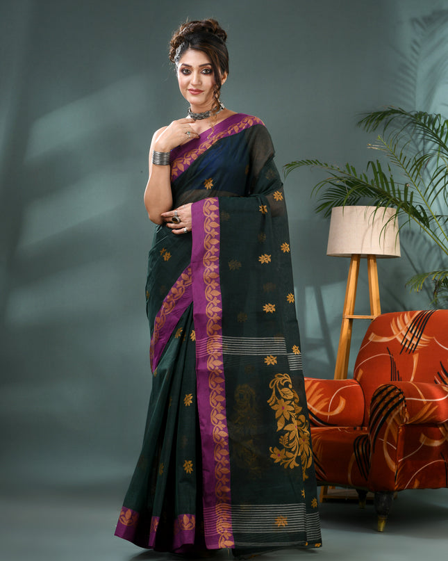 Women Cotton Handloom Tant Midnight Flora Design Saree – Dark Green