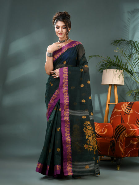 Women Cotton Handloom Tant Midnight Flora Design Saree – Dark Green