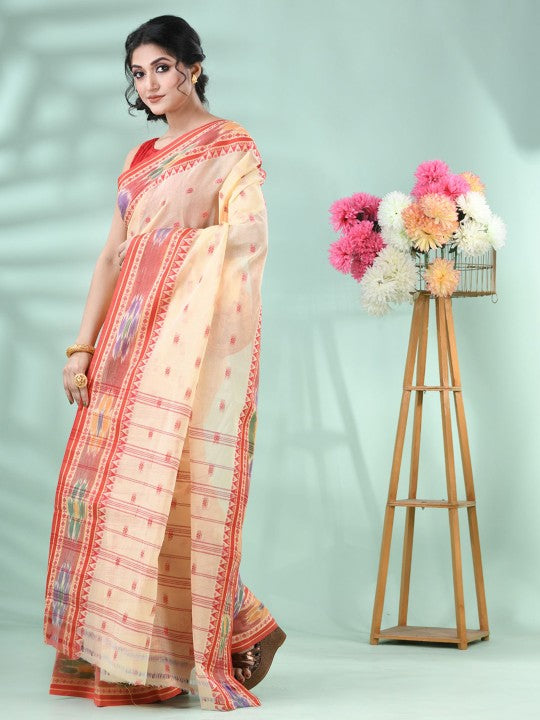 DESH BIDESH Beige & Red Floral Motifs Pure Cotton Saree with Blouse Piece