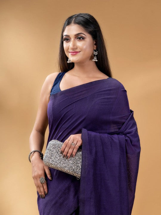 DESH BIDESH Women's Solid Pure Cotton Saree with Unstitched Blouse Piece