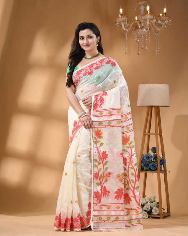 dB DESH BIDESH Women's Jamdani Sarees For Women for Party Festival Wear Kusumlata Design Soft Cotton Linen saree for woman Without Blouse piece (White Red)