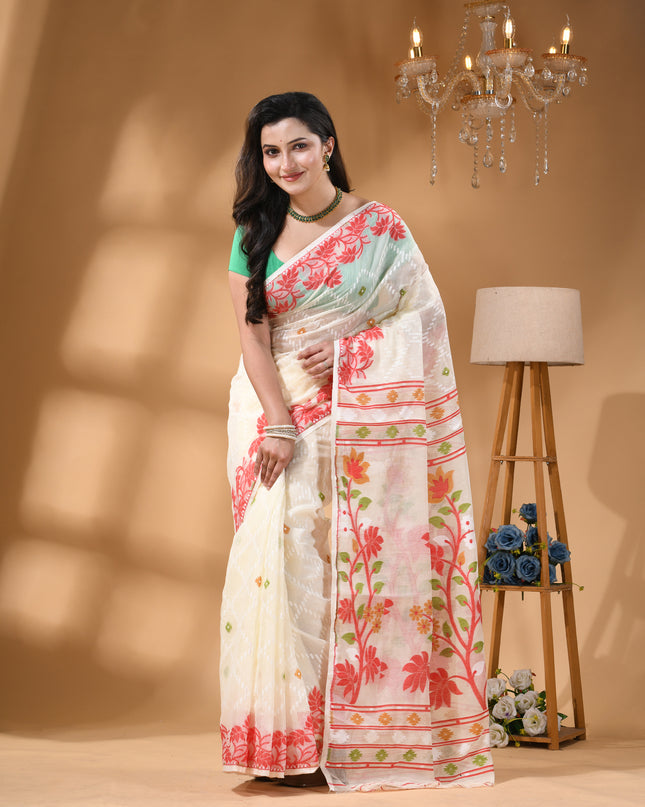 dB DESH BIDESH Women's Jamdani Sarees For Women for Party Festival Wear Kusumlata Design Soft Cotton Linen saree for woman Without Blouse piece (White Red)