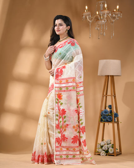 dB DESH BIDESH Women's Jamdani Sarees For Women for Party Festival Wear Kusumlata Design Soft Cotton Linen saree for woman Without Blouse piece (White Red)