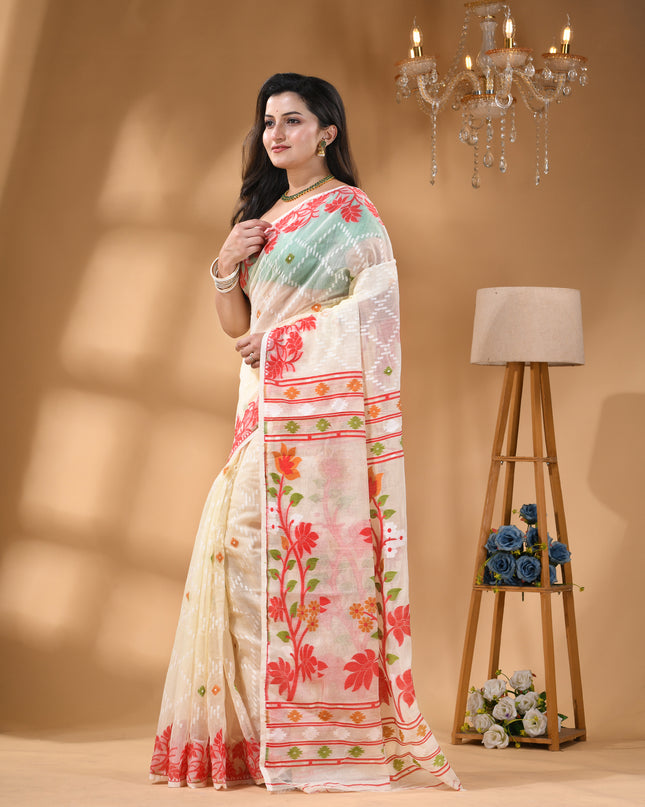 dB DESH BIDESH Women's Jamdani Sarees For Women for Party Festival Wear Kusumlata Design Soft Cotton Linen saree for woman Without Blouse piece (White Red)