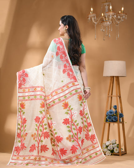 dB DESH BIDESH Women's Jamdani Sarees For Women for Party Festival Wear Kusumlata Design Soft Cotton Linen saree for woman Without Blouse piece (White Red)