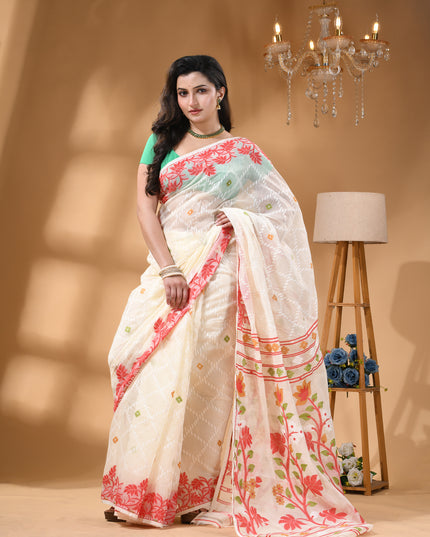 dB DESH BIDESH Women's Jamdani Sarees For Women for Party Festival Wear Kusumlata Design Soft Cotton Linen saree for woman Without Blouse piece (White Red)