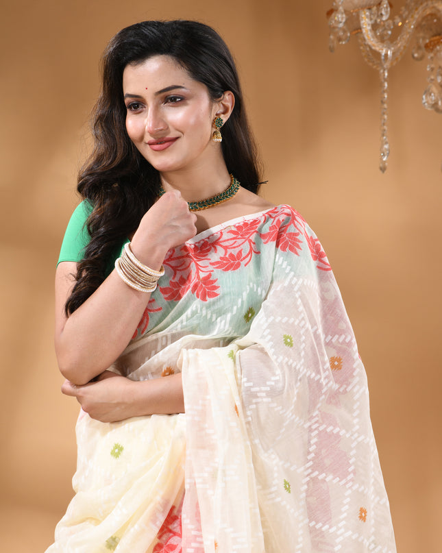 dB DESH BIDESH Women's Jamdani Sarees For Women for Party Festival Wear Kusumlata Design Soft Cotton Linen saree for woman Without Blouse piece (White Red)