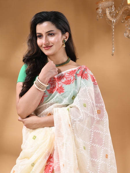 dB DESH BIDESH Women's Jamdani Sarees For Women for Party Festival Wear Kusumlata Design Soft Cotton Linen saree for woman Without Blouse piece (White Red)