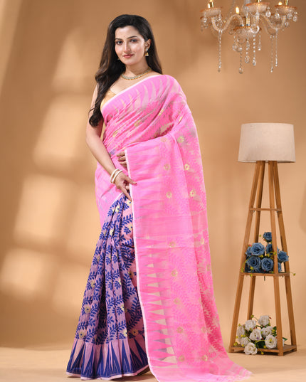 dB DESH BIDESH Women's Traditional Bengal Soft Cotton Silk Jamdani Sarees For Women Tentullata Design Cotton saree for woman Without Blouse piece | Ethnic Wear Sari (Pink Blue)