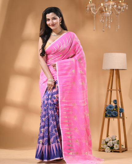 dB DESH BIDESH Women's Traditional Bengal Soft Cotton Silk Jamdani Sarees For Women Tentullata Design Cotton saree for woman Without Blouse piece | Ethnic Wear Sari (Pink Blue)