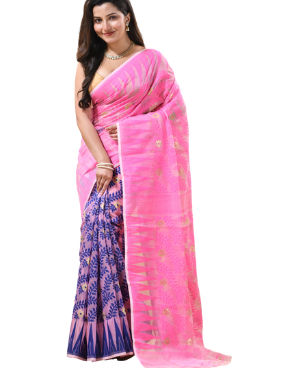 dB DESH BIDESH Women's Traditional Bengal Soft Cotton Silk Jamdani Sarees For Women Tentullata Design Cotton saree for woman Without Blouse piece | Ethnic Wear Sari (Pink Blue)