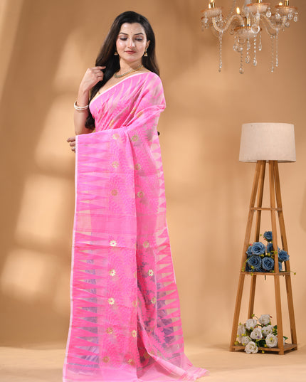 dB DESH BIDESH Women's Traditional Bengal Soft Cotton Silk Jamdani Sarees For Women Tentullata Design Cotton saree for woman Without Blouse piece | Ethnic Wear Sari (Pink Blue)