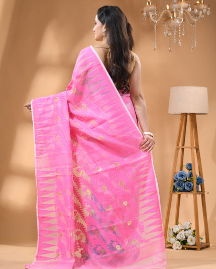 dB DESH BIDESH Women's Traditional Bengal Soft Cotton Silk Jamdani Sarees For Women Tentullata Design Cotton saree for woman Without Blouse piece | Ethnic Wear Sari (Pink Blue)