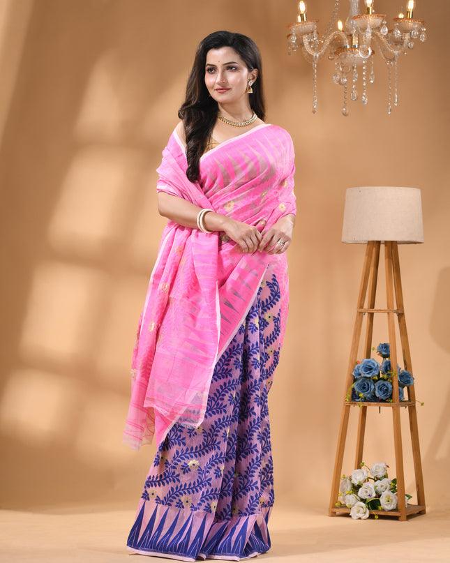 dB DESH BIDESH Women's Traditional Bengal Soft Cotton Silk Jamdani Sarees For Women Tentullata Design Cotton saree for woman Without Blouse piece | Ethnic Wear Sari (Pink Blue)
