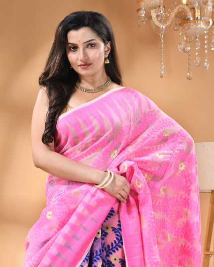dB DESH BIDESH Women's Traditional Bengal Soft Cotton Silk Jamdani Sarees For Women Tentullata Design Cotton saree for woman Without Blouse piece | Ethnic Wear Sari (Pink Blue)