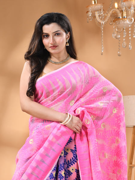 dB DESH BIDESH Women's Traditional Bengal Soft Cotton Silk Jamdani Sarees For Women Tentullata Design Cotton saree for woman Without Blouse piece | Ethnic Wear Sari (Pink Blue)