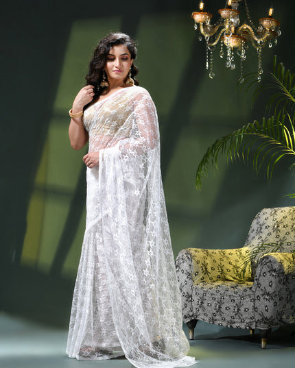 Women’s Net Sequin Embroidered saree Soft Net saree party, wear Chiffon wedding Silk georgette latest, Net sarees Heavy design Function Festive farewell saree for women (White)