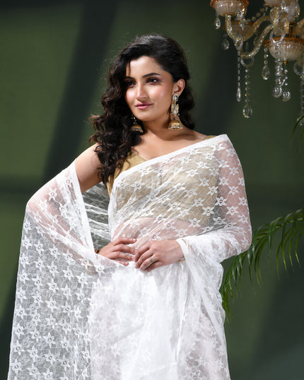 Women’s Net Sequin Embroidered saree Soft Net saree party, wear Chiffon wedding Silk georgette latest, Net sarees Heavy design Function Festive farewell saree for women (White)