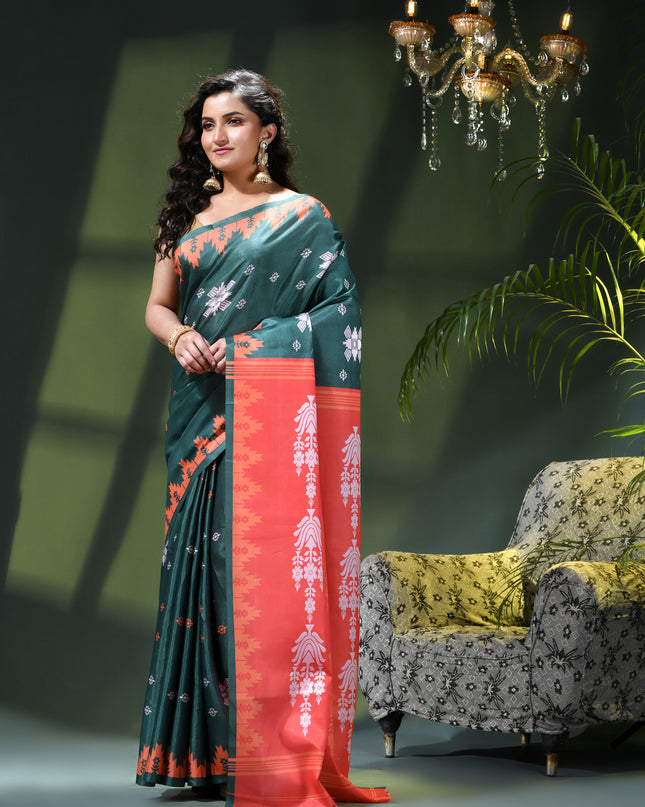Women`s silk sarees party, wear latest, Tanvika design georgette chiffon Crepe cotton saree for farewell wedding New sari printed fancy printed silk sarees for women (Dark Green Red)