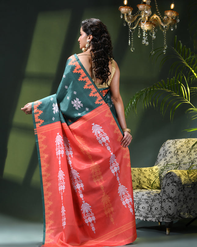 Women`s silk sarees party, wear latest, Tanvika design georgette chiffon Crepe cotton saree for farewell wedding New sari printed fancy printed silk sarees for women (Dark Green Red)