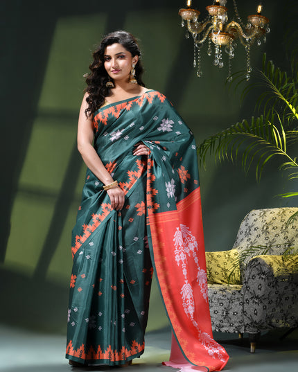 Women`s silk sarees party, wear latest, Tanvika design georgette chiffon Crepe cotton saree for farewell wedding New sari printed fancy printed silk sarees for women (Dark Green Red)