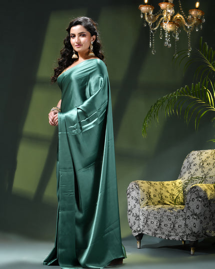 Women`s Soft Satin Silk Plain Saree for wedding, party, wear saree for women latest, design saree Satin Pure silk Crepe farewell party, wear dress Collection Plain sarees (Teal Green)