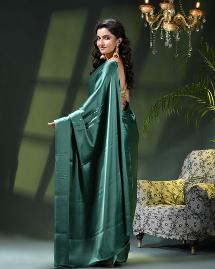 Women`s Soft Satin Silk Plain Saree for wedding, party, wear saree for women latest, design saree Satin Pure silk Crepe farewell party, wear dress Collection Plain sarees (Teal Green)