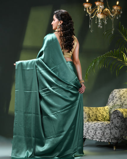 Women`s Soft Satin Silk Plain Saree for wedding, party, wear saree for women latest, design saree Satin Pure silk Crepe farewell party, wear dress Collection Plain sarees (Teal Green)