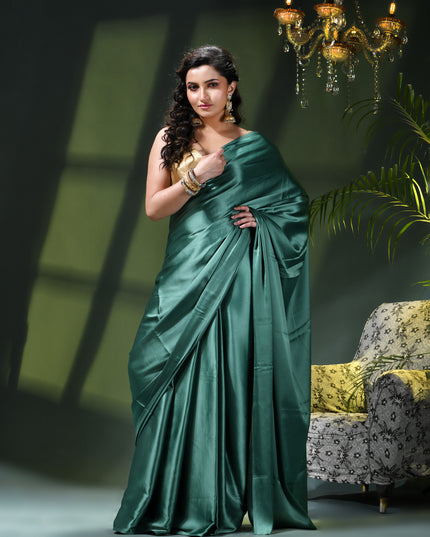 Women`s Soft Satin Silk Plain Saree for wedding, party, wear saree for women latest, design saree Satin Pure silk Crepe farewell party, wear dress Collection Plain sarees (Teal Green)