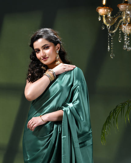 Women`s Soft Satin Silk Plain Saree for wedding, party, wear saree for women latest, design saree Satin Pure silk Crepe farewell party, wear dress Collection Plain sarees (Teal Green)
