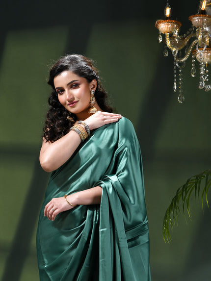 Women`s Soft Satin Silk Plain Saree for wedding, party, wear saree for women latest, design saree Satin Pure silk Crepe farewell party, wear dress Collection Plain sarees (Teal Green)