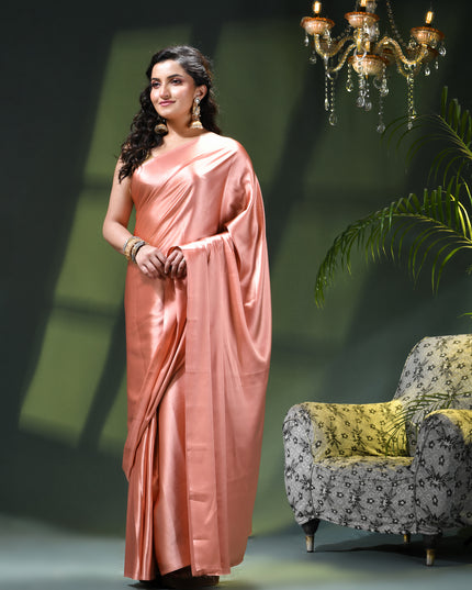 Women`s Soft Satin Silk Plain Saree for wedding, party, wear saree for women latest, design saree Satin Pure silk Crepe farewell party, wear dress Collection Plain sarees (Rose Gold)
