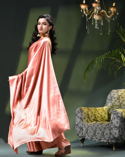 Women`s Soft Satin Silk Plain Saree for wedding, party, wear saree for women latest, design saree Satin Pure silk Crepe farewell party, wear dress Collection Plain sarees (Rose Gold)