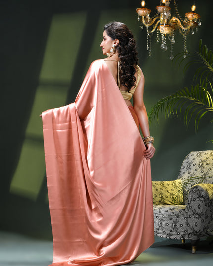 Women`s Soft Satin Silk Plain Saree for wedding, party, wear saree for women latest, design saree Satin Pure silk Crepe farewell party, wear dress Collection Plain sarees (Rose Gold)