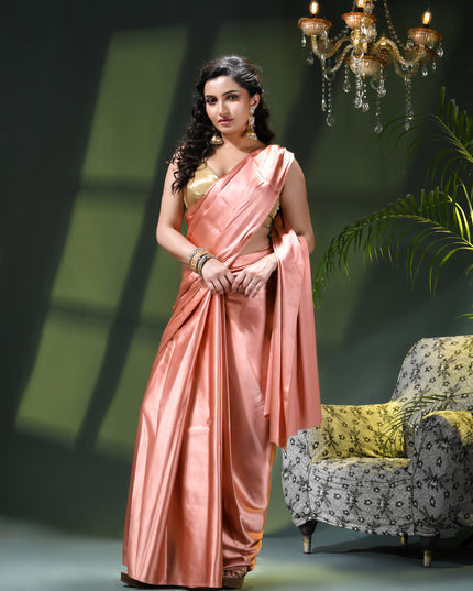 Women`s Soft Satin Silk Plain Saree for wedding, party, wear saree for women latest, design saree Satin Pure silk Crepe farewell party, wear dress Collection Plain sarees (Rose Gold)