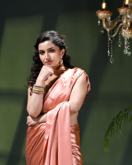 Women`s Soft Satin Silk Plain Saree for wedding, party, wear saree for women latest, design saree Satin Pure silk Crepe farewell party, wear dress Collection Plain sarees (Rose Gold)