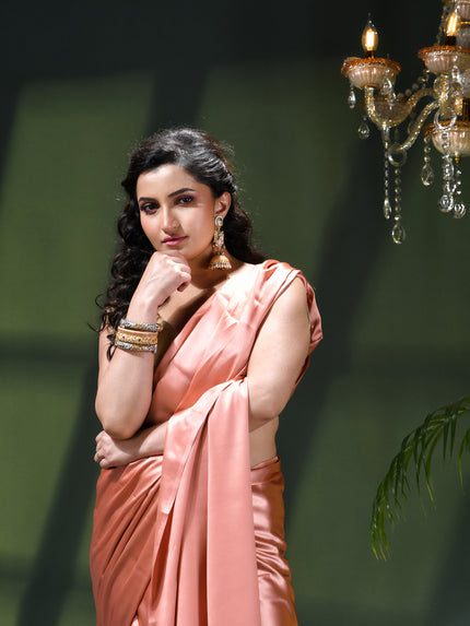 Women`s Soft Satin Silk Plain Saree for wedding, party, wear saree for women latest, design saree Satin Pure silk Crepe farewell party, wear dress Collection Plain sarees (Rose Gold)