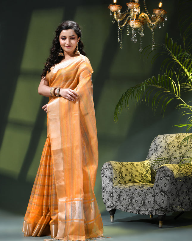 Women`s Tissue silk sarees for women latest, design organza New sari Swarnika zari Design golden Kora tissue banarasi saree for wedding party, wear sarees for Women (Orange)