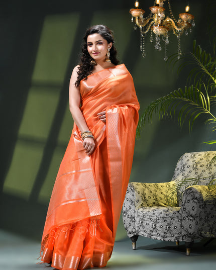 Women`s Tissue silk sarees for women latest, design Cotton sari Kanak zari New, Design golden Kora tissue banarasi New Farewell wedding kanjivaram silk party, wear saree (Orange Gold)