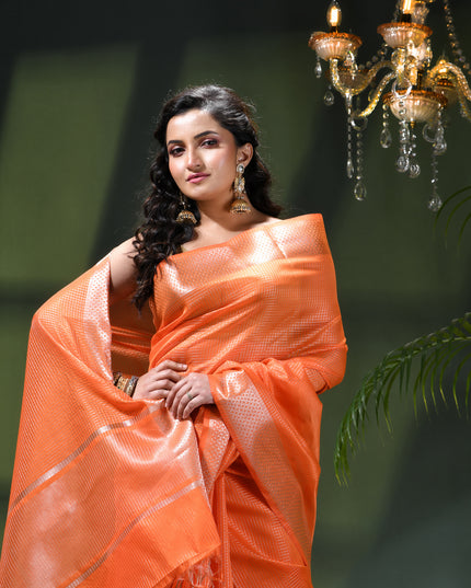Women`s Tissue silk sarees for women latest, design Cotton sari Kanak zari New, Design golden Kora tissue banarasi New Farewell wedding kanjivaram silk party, wear saree (Orange Gold)